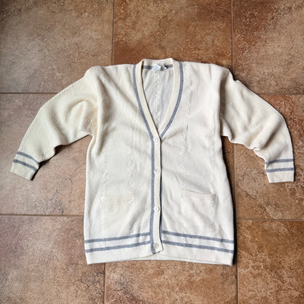 Vintage JG HOOK Cream Cable Cardigan Sweater Size L Soft Sport Academic Preppy